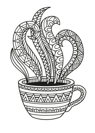 Cup of coffee or tea in a mandala sryle. Detailed doodle coloring pagefor adultsのイラスト素材