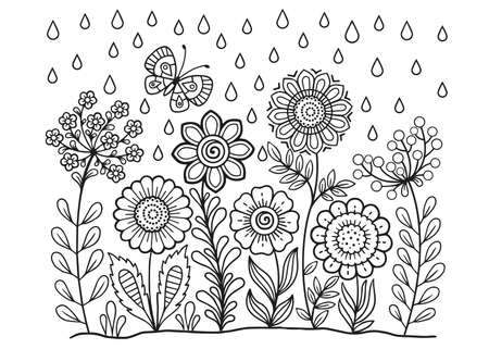 Vector coloring book for adults. Summer wild meadow flowers. Vector isolated elementsのイラスト素材