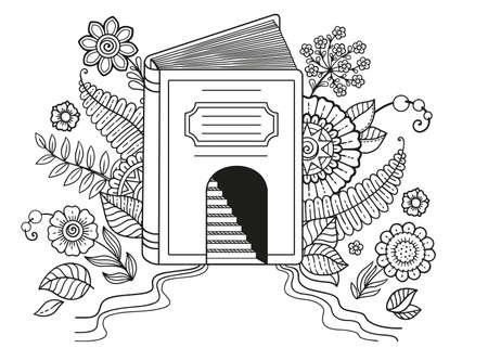 World Book Day. Black and white coloring book page for adult. Opened book. Concept with book and doodle flowers.のイラスト素材