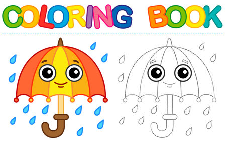 Coloring page funny smiling umbrella and rain. Educational tracing coloring book for childrens activity. Trace dashed lineのイラスト素材
