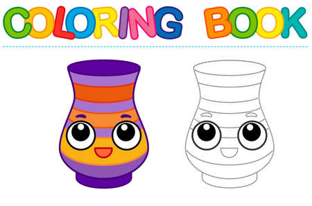 Coloring page funny smiling vase. Educational tracing coloring book for childrens activity. Trace dashed lineのイラスト素材