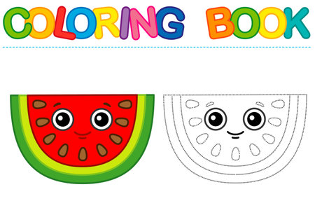 Coloring page funny smiling red slice watermelon. Educational tracing coloring book for childrens activity. Trace dashed lineのイラスト素材