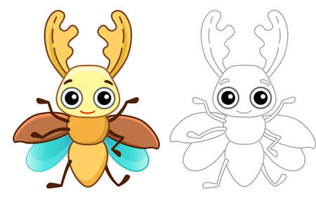 Coloring Insect for children coloring book.Funny stag beetle in a cartoon style. Trace the dots and color the pictureのイラスト素材