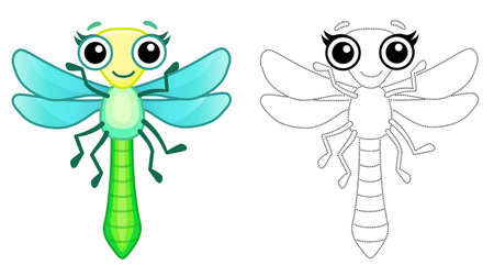 Coloring Insect for children coloring book. Funny dragonfly in a cartoon style. Trace the dots and color the pictureのイラスト素材