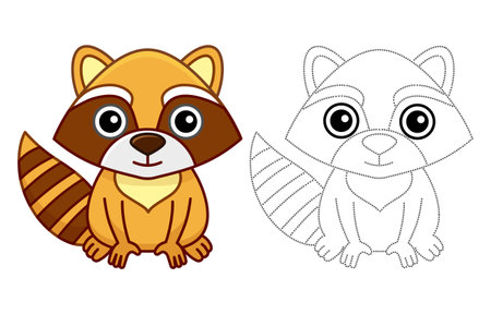Zoo animal for children coloring book. Funny raccoon in a cartoon style. Trace the dots and color the pictureのイラスト素材