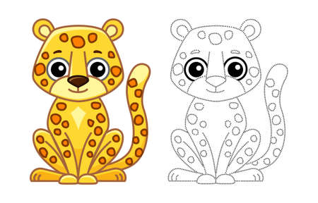 Zoo animal for children coloring book. Funny leopard in a cartoon style. Trace the dots and color the pictureのイラスト素材