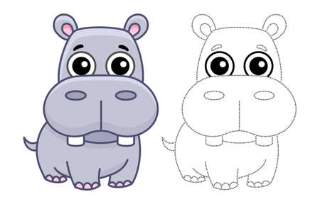 Zoo animal for children coloring book. Funny hippo in a cartoon style. Trace the dots and color the pictureのイラスト素材