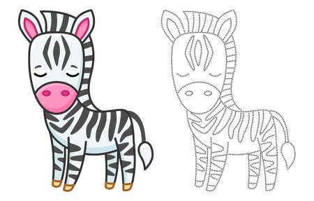 Zoo animal for children coloring book. Funny zebra in a cartoon style. Trace the dots and color the pictureのイラスト素材