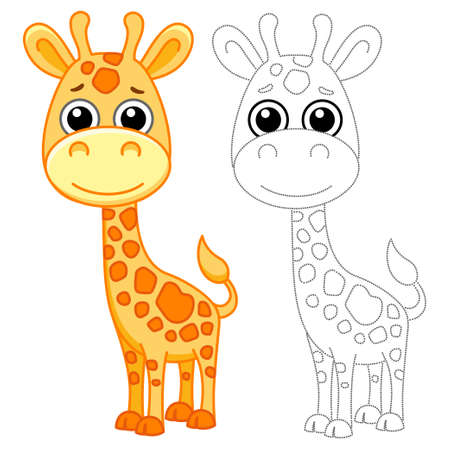 Zoo animal for children coloring book. Funny giraffe in a cartoon style. Trace the dots and color the pictureのイラスト素材