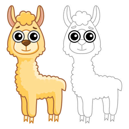 Zoo animal for children coloring book. Funny alpaka in a cartoon style. Trace the dots and color the pictureのイラスト素材