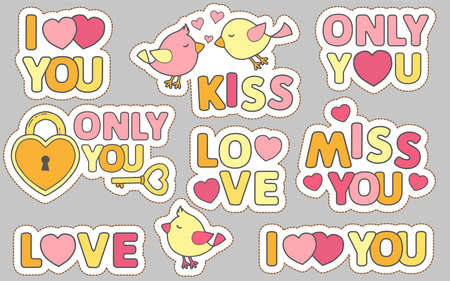 Set of funny stickers. Elements for design Love story, for weddings day or valentines dayのイラスト素材