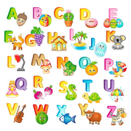 ABC Poster with capital letters of the English and cute cartoon animals and things. Poster for kindergarten and preschool. Cards for learning English. Letter C. Catのイラスト素材
