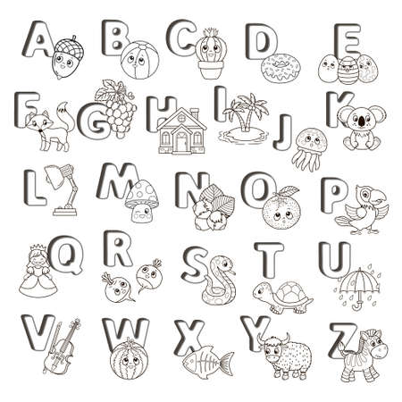 Vector coloring book alphabet with capital letters of the English and cute cartoon animals and things. Coloring page for kindergarten and preschool. Cards for learning English.のイラスト素材