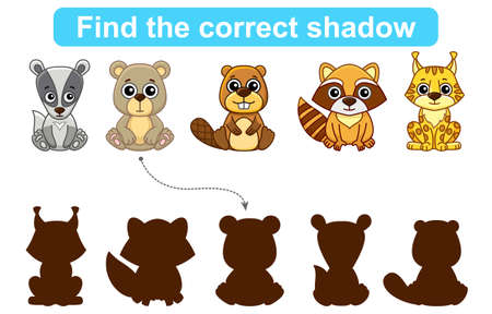 Find correct shadow. Kids educational game. Set of Forest and Zoo Animals to find the correct shadowのイラスト素材