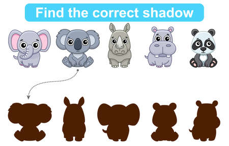 Find correct shadow. Kids educational game. Set of Forest and Zoo Animals to find the correct shadowのイラスト素材