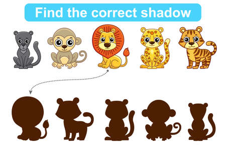 Find correct shadow. Kids educational game. Set of Forest and Zoo Animals to find the correct shadowのイラスト素材