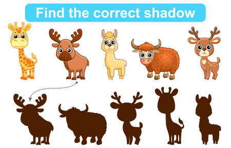Find correct shadow. Kids educational game. Set of Forest and Zoo Animals to find the correct shadowのイラスト素材