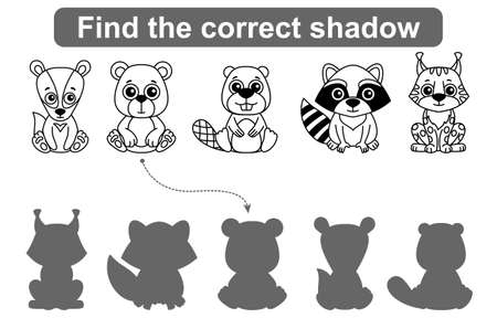 Find correct shadow. Kids educational game. Set of Forest and Zoo Animals to find the correct shadowのイラスト素材