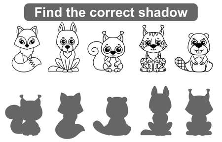 Find correct shadow. Kids educational game. Set of Forest and Zoo Animals to find the correct shadowのイラスト素材