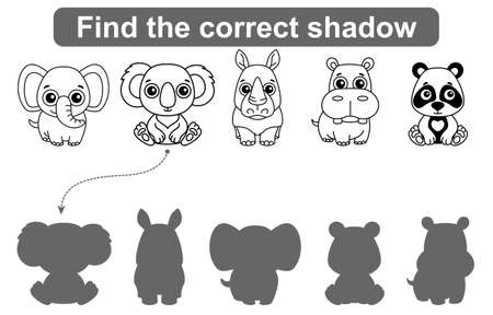 Find correct shadow. Kids educational game. Set of Forest and Zoo Animals to find the correct shadowのイラスト素材
