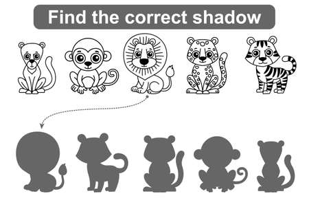 Find correct shadow. Kids educational game. Set of Forest and Zoo Animals to find the correct shadowのイラスト素材