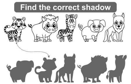 Find correct shadow. Kids educational game. Set of Forest and Zoo Animals to find the correct shadowのイラスト素材