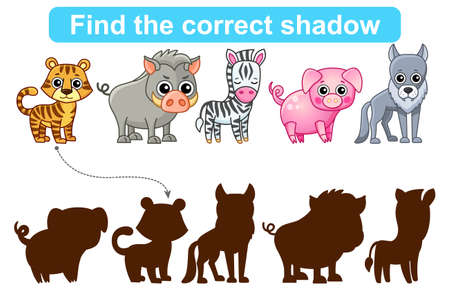 Find correct shadow. Kids educational game. Set of Forest and Zoo Animals to find the correct shadowのイラスト素材