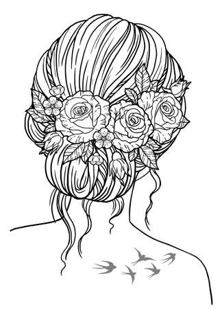 Coloring for adults. Girl with a hairstyle braided in the hair of rose flowers. Vector black contour image on a white backgroundのイラスト素材