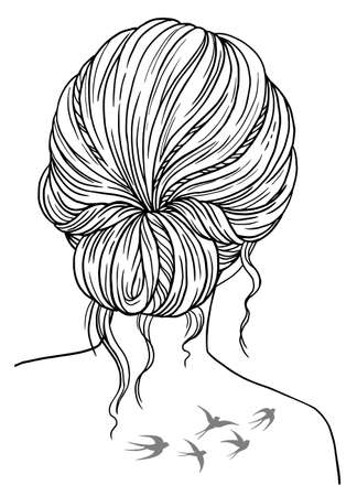 Coloring for adults. Girl with braided hairstyle. Vector black contour image on a white backgroundのイラスト素材