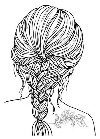 Coloring for adults. Girl with braided hairstyle. Vector black contour image on a white backgroundのイラスト素材