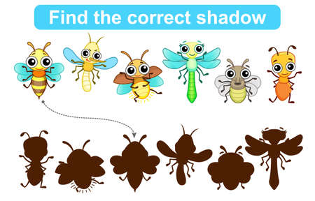 Find correct shadow. Kids educational game. Set of Insects to find the correct shadowのイラスト素材