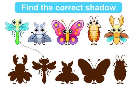 Find correct shadow. Kids educational game. Set of Insects to find the correct shadowのイラスト素材