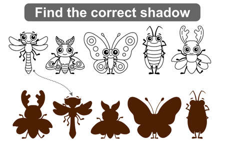Find the correct shadow. Kids educational game. Coloring pages Insectsのイラスト素材