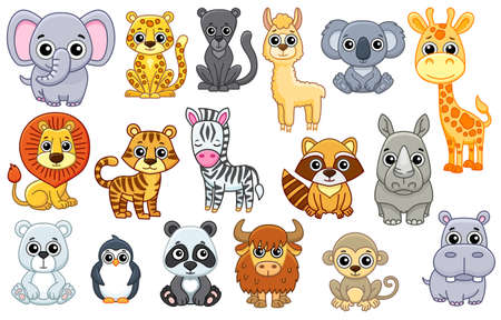 Set of cute Zoo animals in a cartoon style isolated in a white backgroundのイラスト素材