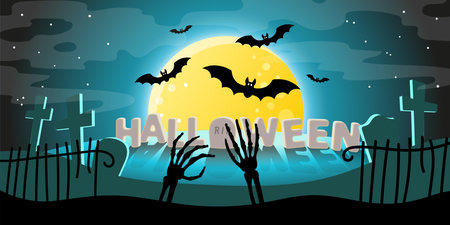 Halloween banner. Full moon against the dark sky, flying vampire bats and silhouettes of graves, crosses in the cemetery and zombie bonesのイラスト素材