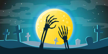 Halloween banner. Full moon against the dark sky, flying vampire bats and silhouettes of graves, crosses in the cemetery and zombie bones in the moonlightのイラスト素材