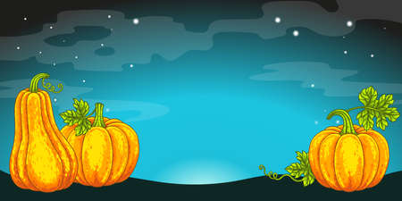 Halloween banner background. Dark sky and horrible pumpkins Jack O Lanternのイラスト素材