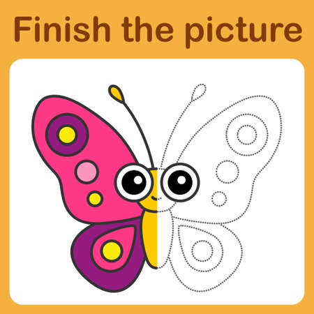 onnect the dot and complete the picture. Simple coloring bright butterfly. Drawing game for children.のイラスト素材