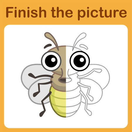 Connect the dot and complete the picture. Simple coloring funny insect fly. Drawing game for childrenのイラスト素材