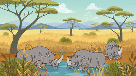 Vector african landscape in flat cartoon style. Group of hippos in natural environmentのイラスト素材