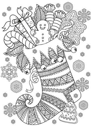 Cute knitted Christmas sock for gifts from Santa Claus. Vector mandala coloring page for adults, Page for coloring book and Christmas designのイラスト素材