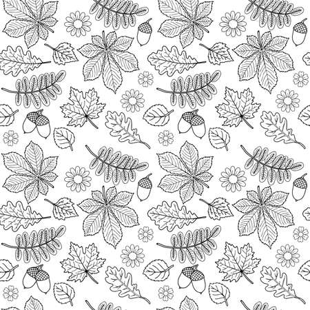 Vector black and white seamless pattern withdoodle leaves and flowersのイラスト素材