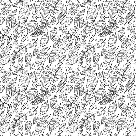 Vector black and white seamless pattern with doodle leaves and flowers. Background Coloring page book for adults and childrenのイラスト素材