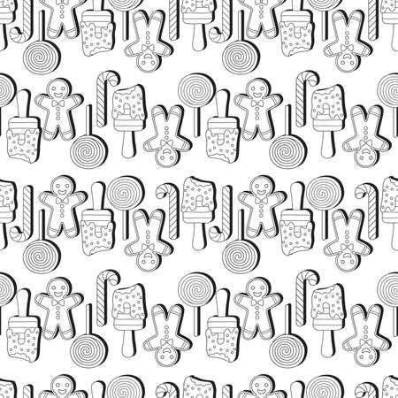 Vector black and white seamless pattern with lollipop and gingerbread men cookies. Background Coloring page book for adults and childrenのイラスト素材