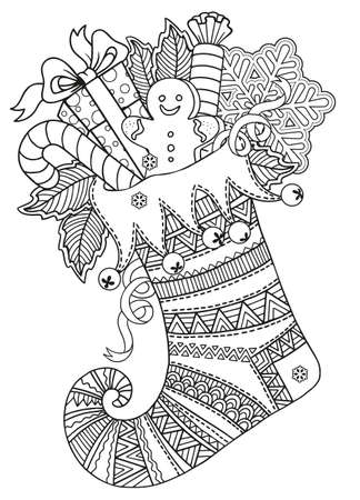Cute knitted Christmas sock for gifts from Santa Claus. Vector mandala coloring page for adults, Page for coloring book and Christmas designのイラスト素材