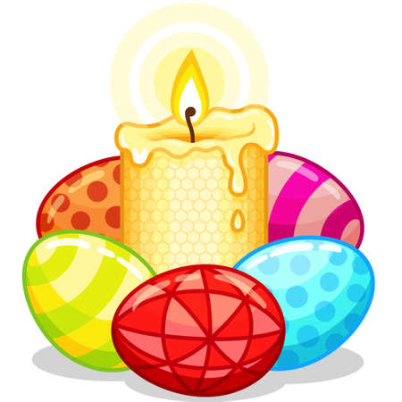 Vector Yellow Yellow candle with Easter eggs. Burning beeswax candlesのイラスト素材
