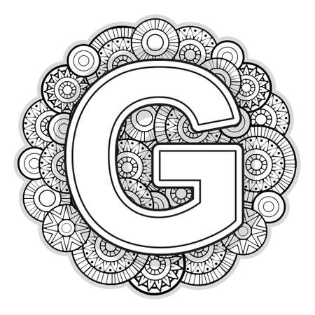 Vector Coloring page for adults. Contour black and white Capital English Letter G on a mandala backgroundのイラスト素材