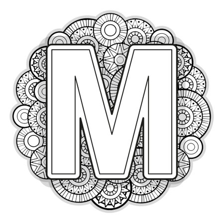 Vector Coloring page for adults. Contour black and white Capital English Letter M on a mandala backgroundの写真素材