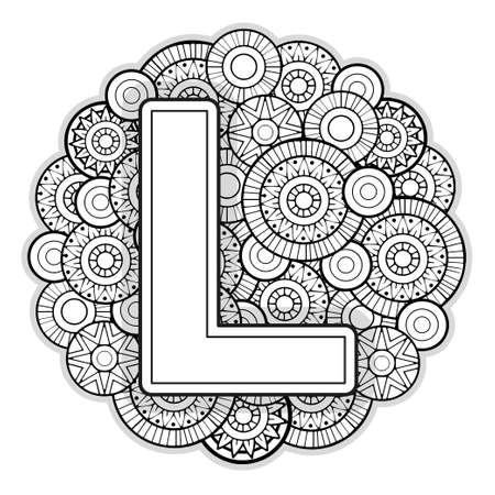 Vector Coloring page for adults. Contour black and white Capital English Letter L on a mandala backgroundの写真素材
