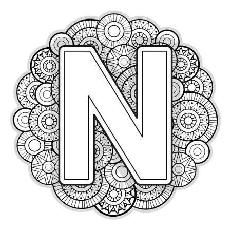 Vector Coloring page for adults. Contour black and white Capital English Letter N on a mandala backgroundの写真素材